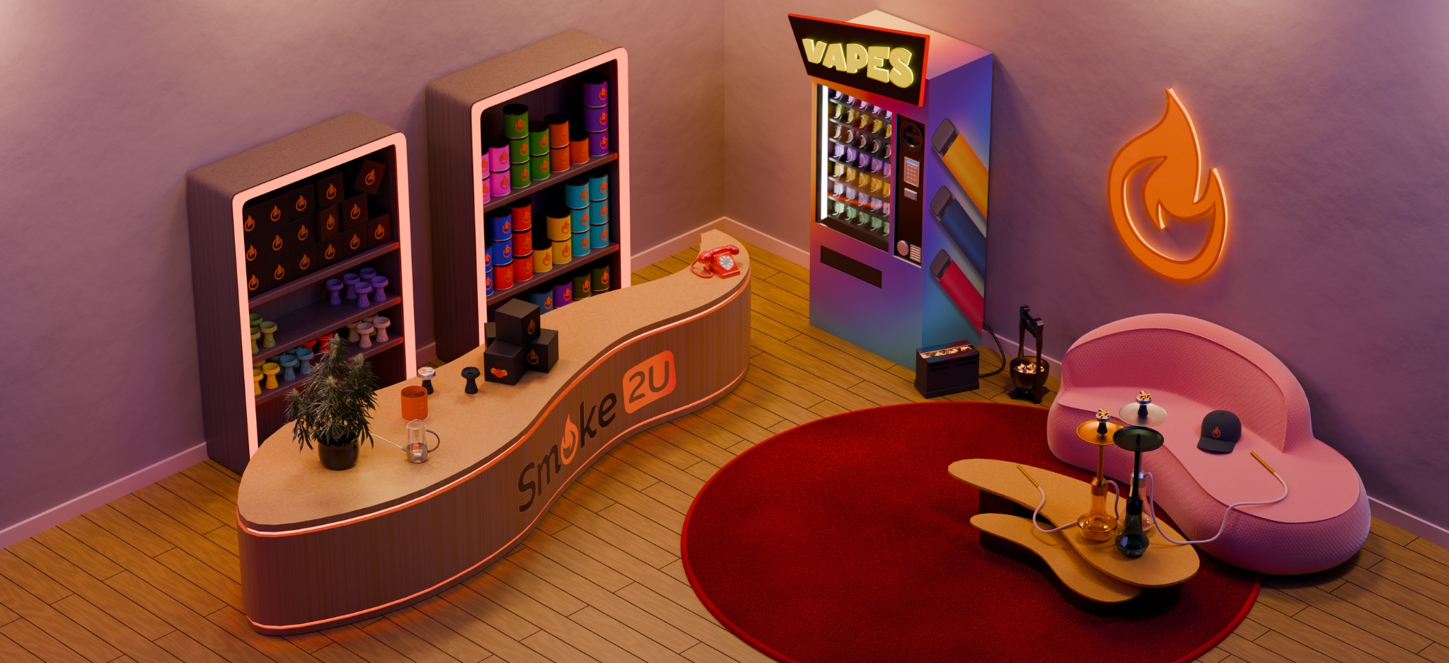 Interaktive, digitale Smoke2u-Filiale, isometrische Ansicht mit Theke, Regalen, Vape-Automaten, Sofa, Shisha und Kohle