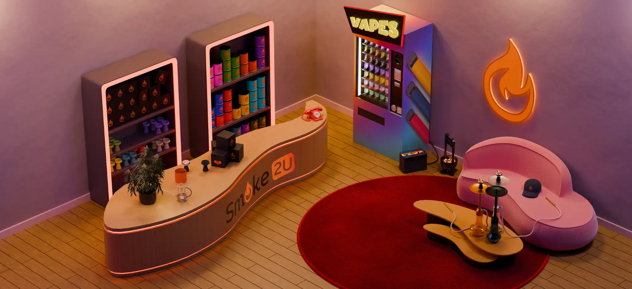 Interaktive, digitale Smoke2u-Filiale, isometrische Ansicht mit Theke, Regalen, Vape-Automaten, Sofa, Shisha und Kohle