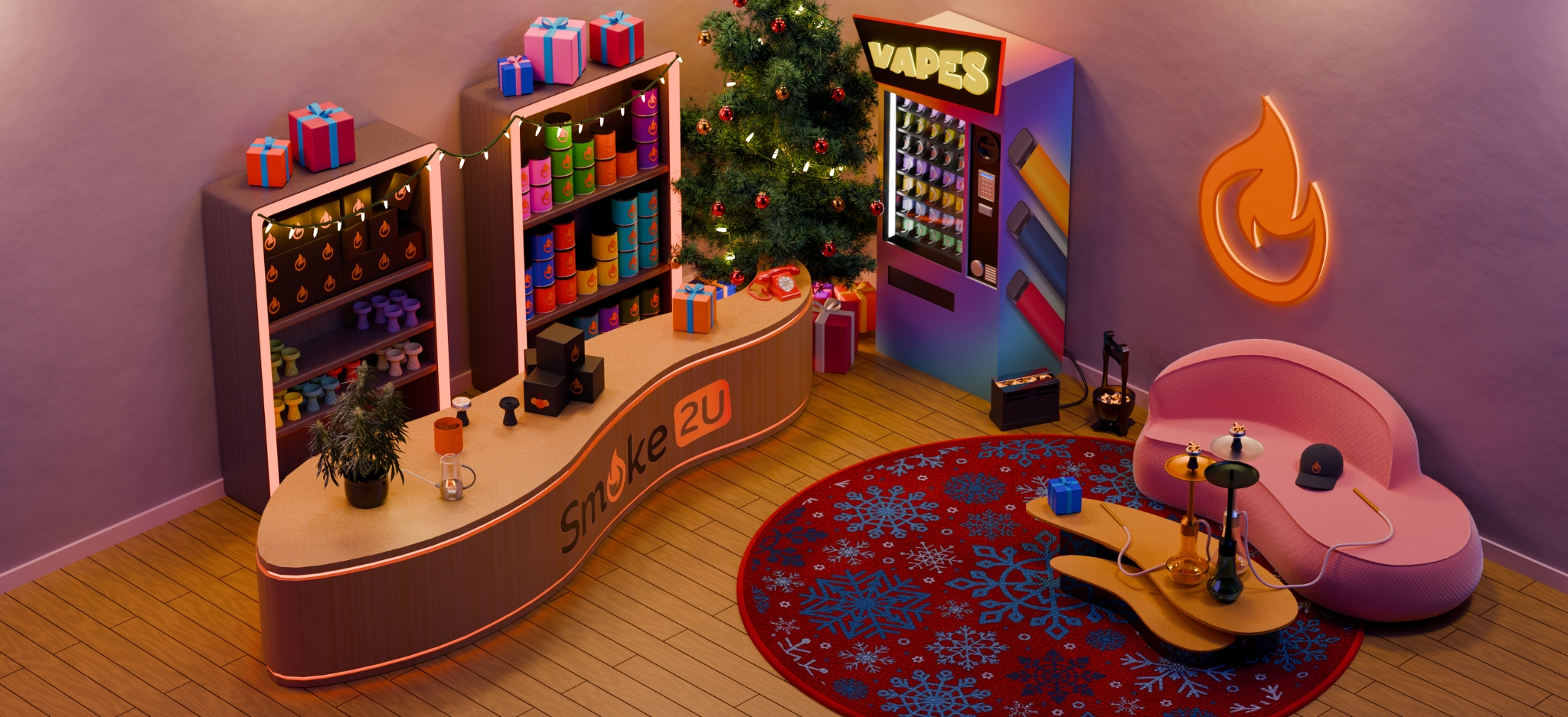 Interaktive, digitale Smoke2u-Filiale, isometrische Ansicht mit Theke, Regalen, Vape-Automaten, Sofa, Shisha und Kohle