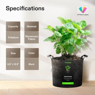 VIVOSUN Grow Bags 5er-Set, 5 Gallon / ca. 19 L – Dickes Vliesstoff-Pflanzgefäß mit Griffen (Schwarz)